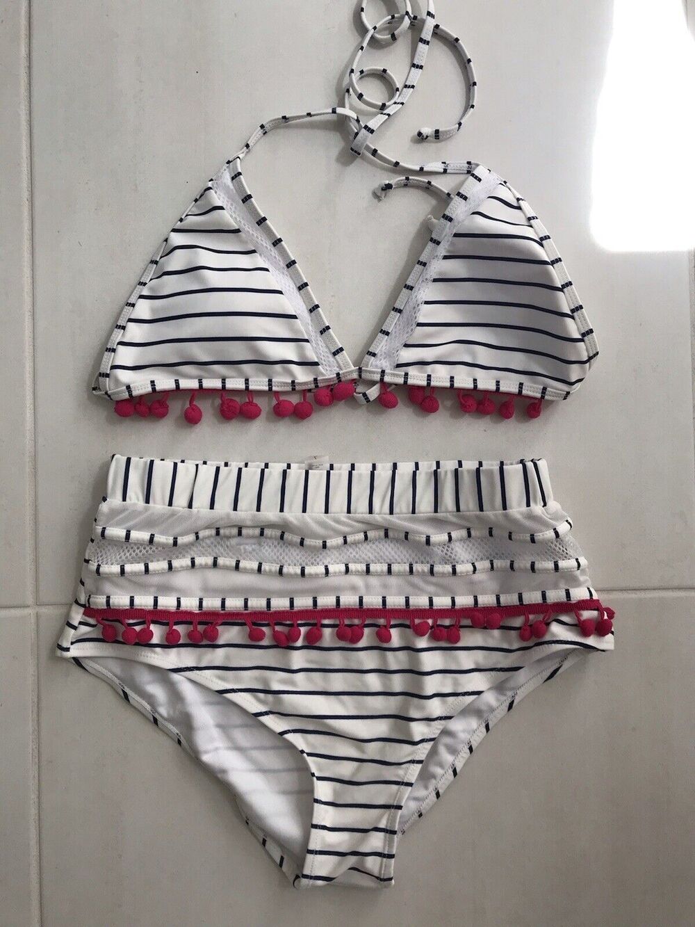 No Brand Striped Mesh Pom Pom Padded Bikini Swimwear